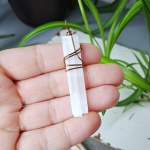 White Selenite Crystal Pendant Wrapped in Bronze Wire - Women Jewelry